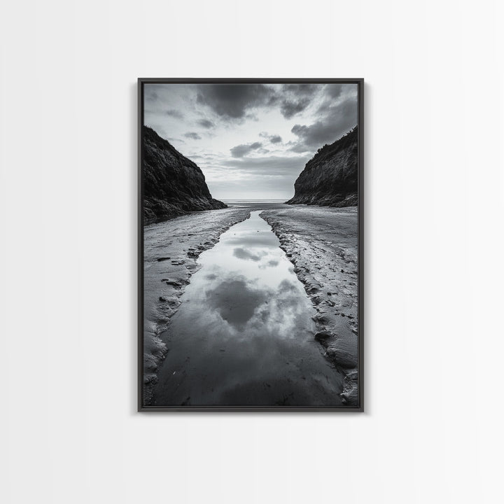 Ocean Reflection, Seaside Path, Moody Coastline, Canvas Print, Black and White Nature Photography, Modern Living Room Wall Art