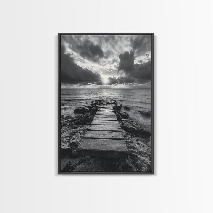Ocean Pier Sunset, Dramatic Clouds, Seascape Pathway, Canvas Print, Coastal Living Room Art, Tranquil Decor, Minimalist Style