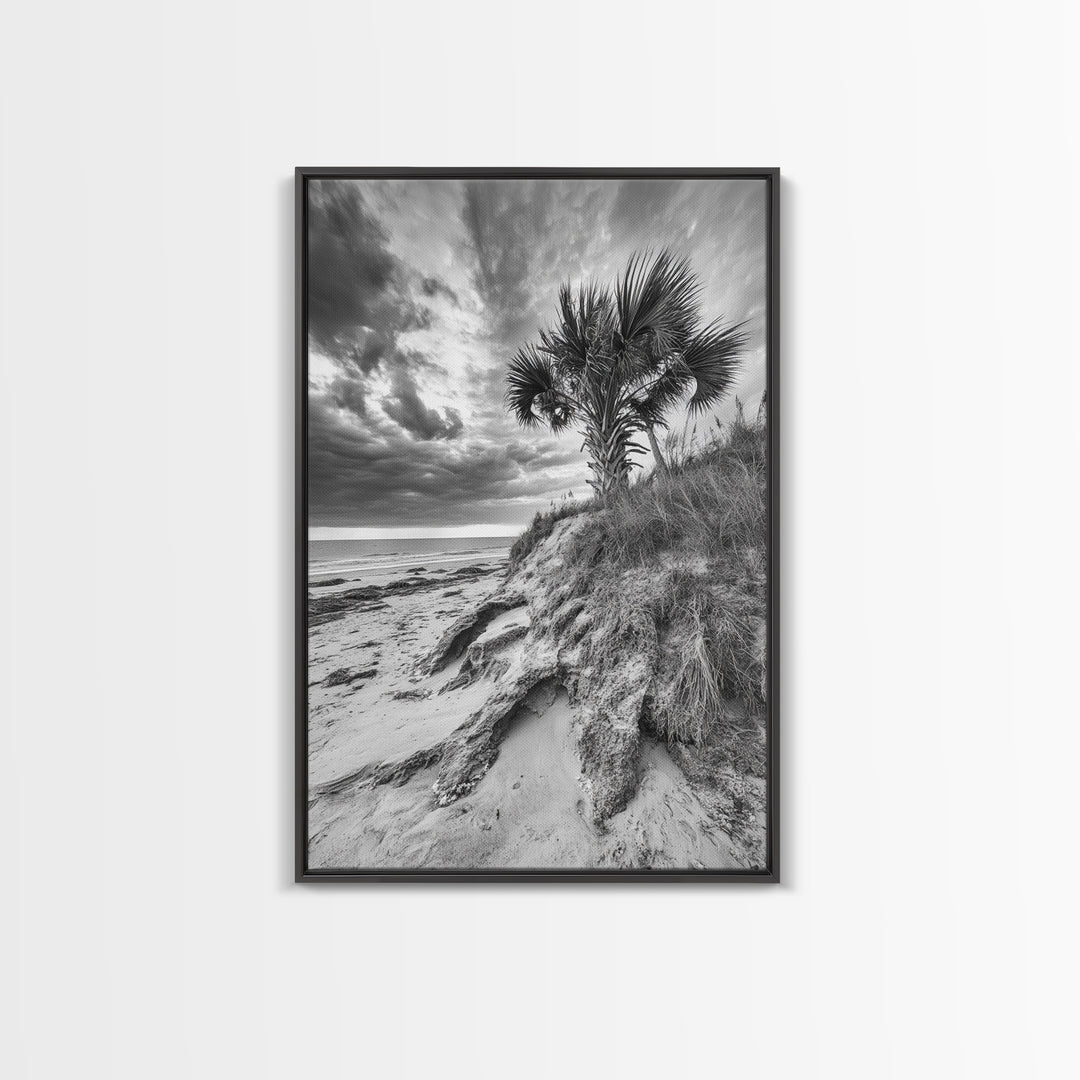 Palm Tree Beach, Coastal Dunes, Dramatic Sky, Framed Canvas Print, Tropical Wall Art, Boho Living Room Decor, Beach House Art