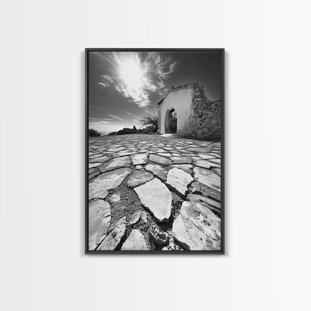 Desert Archway, Stone Ruins, Sunny Sky, Canvas Print, Rustic Travel Wall Art, Mediterranean Decor, Minimalist Earthy Aesthetic