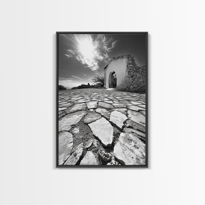 Desert Archway, Stone Ruins, Sunny Sky, Canvas Print, Rustic Travel Wall Art, Mediterranean Decor, Minimalist Earthy Aesthetic