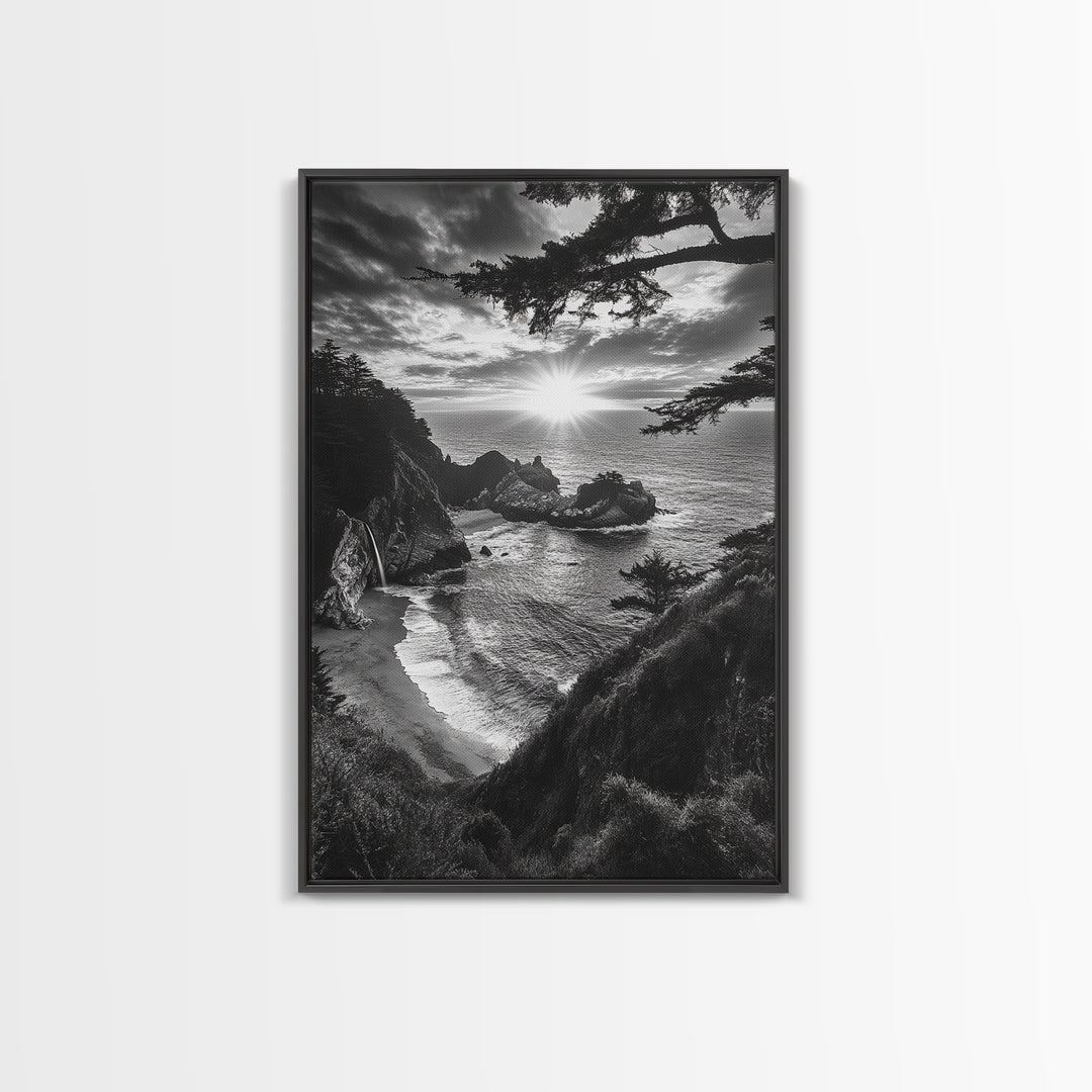 Cliffside Ocean View, Sunset Horizon, Trees Framing Sky, Canvas Print, Coastal Landscape Art, Cabin Living Room Decor, Moody Style