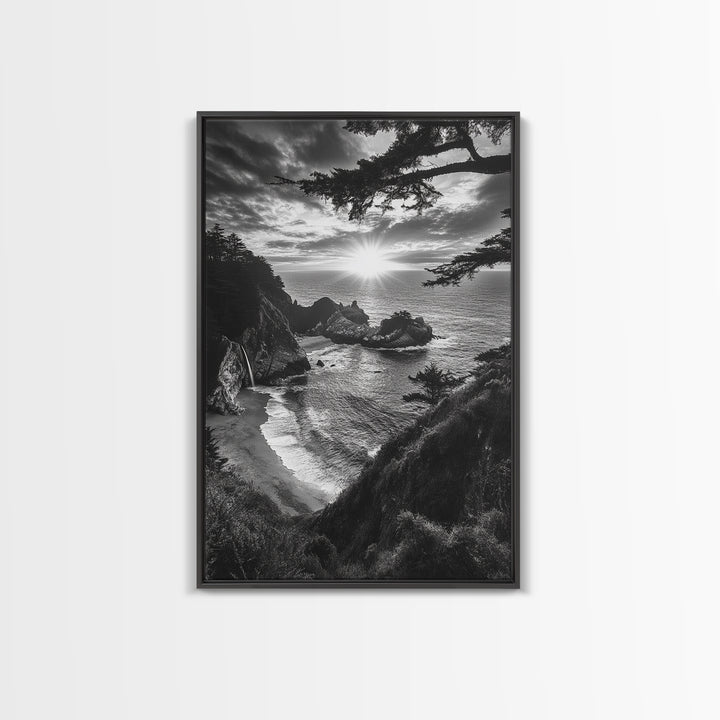 Cliffside Ocean View, Sunset Horizon, Trees Framing Sky, Canvas Print, Coastal Landscape Art, Cabin Living Room Decor, Moody Style
