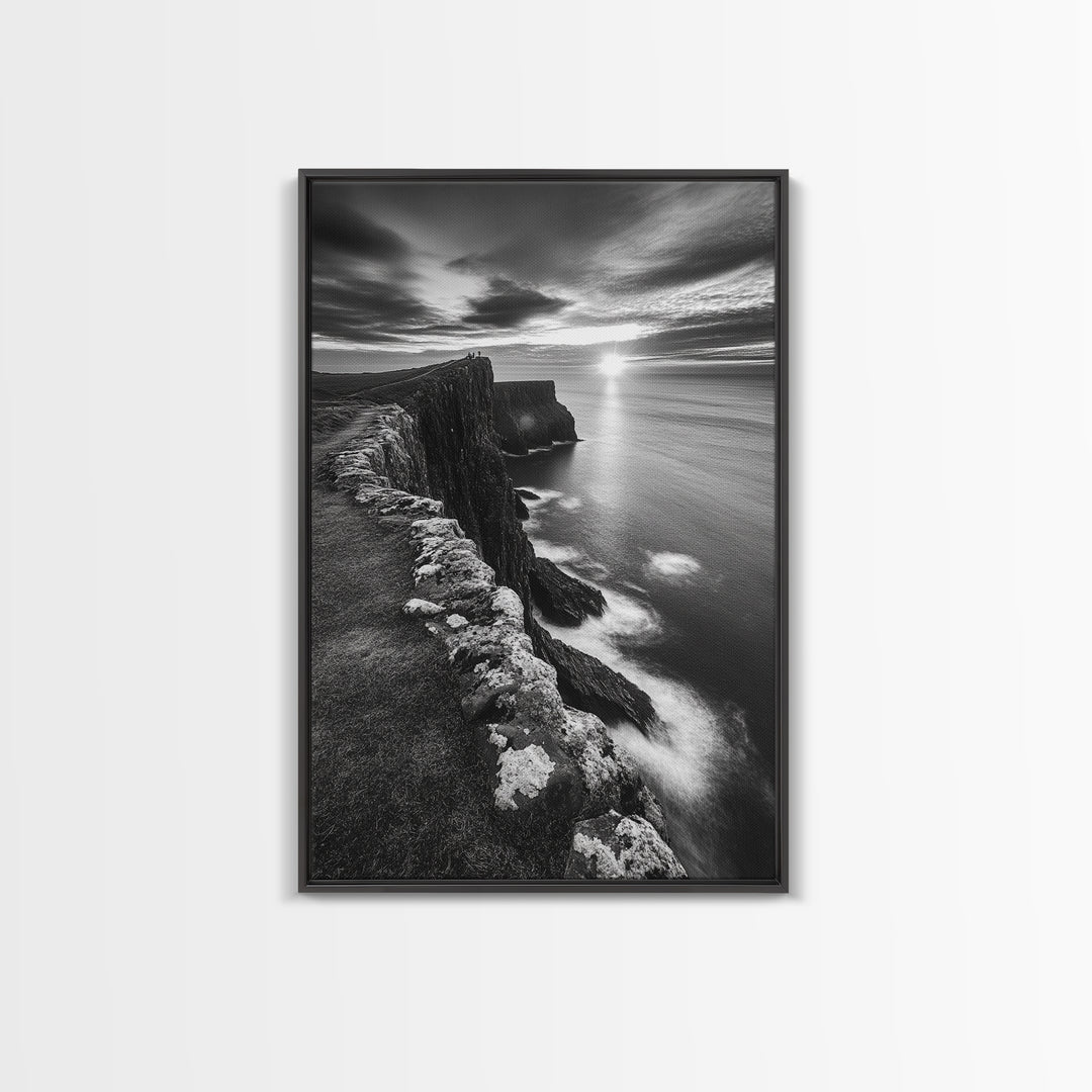 Rugged Sea Cliffs, Sunset Horizon, Serene Waters, Framed Canvas Print, Modern Nature Wall Art, Office Decor, Coastal Aesthetic