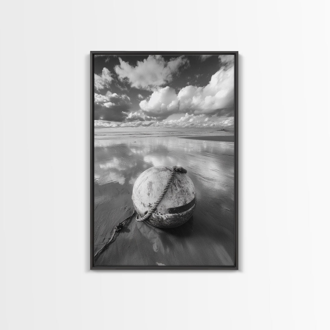 Washed buoy shore, coastal solitude, beach reflections, nautical simplicity, Framed Canvas Print, guest room art, seaside rustic wall decor