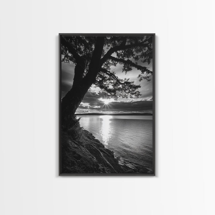 Tranquil Lake Sunset, Tree Silhouette, Calm Waters, Canvas Print, Nature Inspired Wall Art, Relaxing Bedroom Decor, Minimalist Zen
