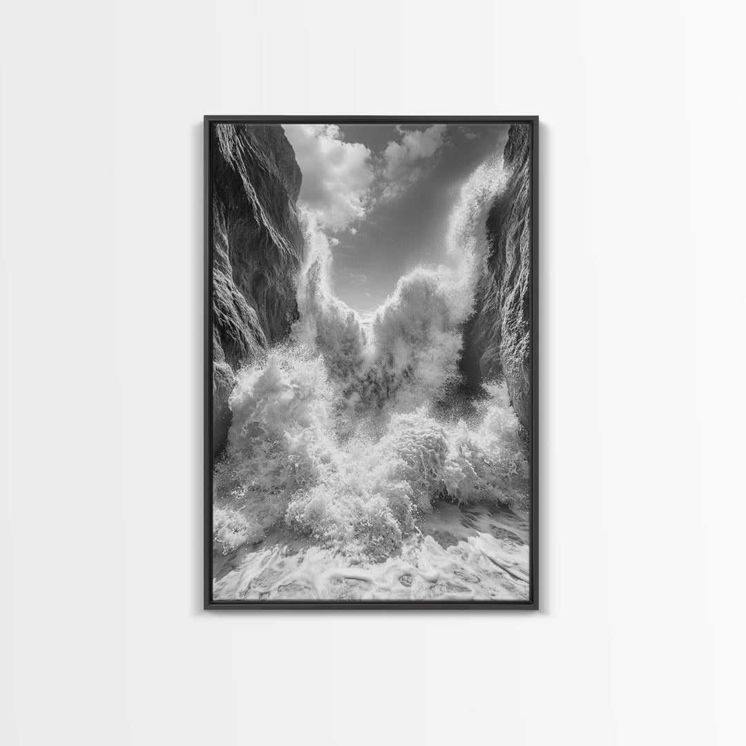Ocean Splash, Cliff Waves, Nature Power, Dramatic Seascape, Framed Canvas Print, Living Room Statement, Black and White Wall Art