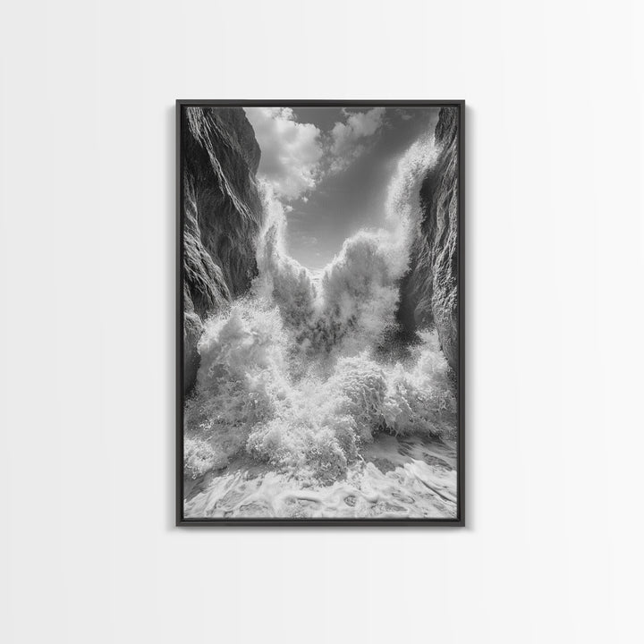 Ocean Splash, Cliff Waves, Nature Power, Dramatic Seascape, Framed Canvas Print, Living Room Statement, Black and White Wall Art
