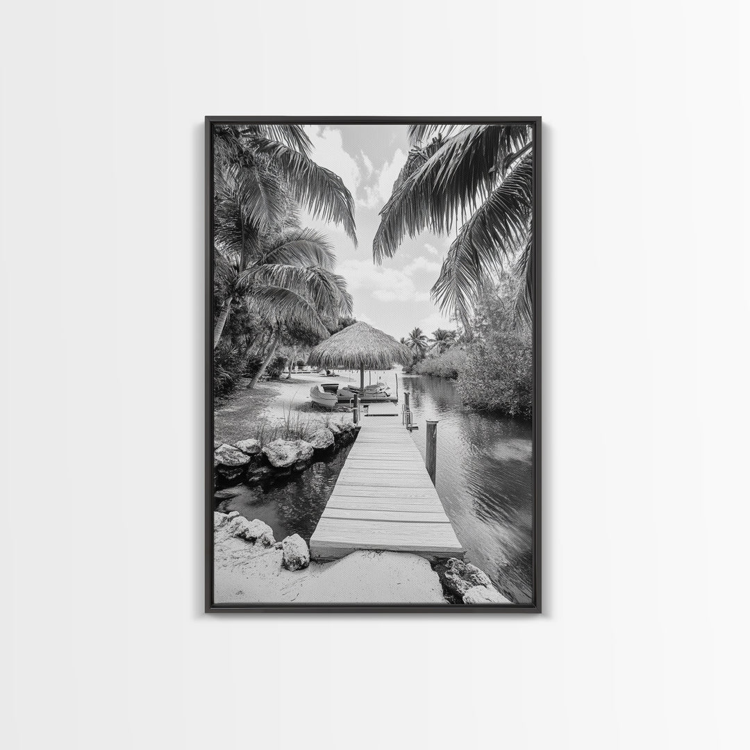 Tropical Dock, Island Escape, Palm Tree Beach, Secluded Lagoon, Canvas Print, Coastal Kitchen Art, Boho Tropical Wall Decor