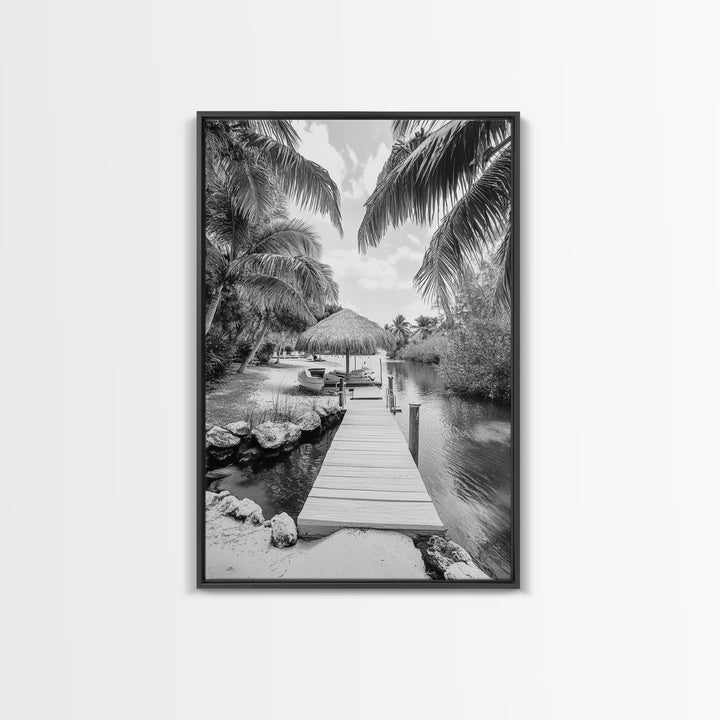 Tropical Dock, Island Escape, Palm Tree Beach, Secluded Lagoon, Canvas Print, Coastal Kitchen Art, Boho Tropical Wall Decor
