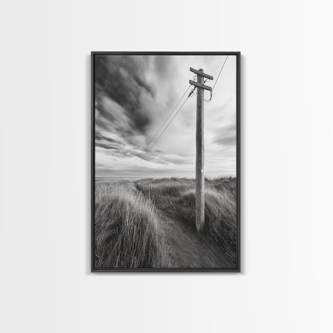 Coastal Path, Telephone Pole, Cloudy Sky, Minimal Nature Scene, Canvas Print, Entryway Wall Art, Rustic Landscape Photography Decor
