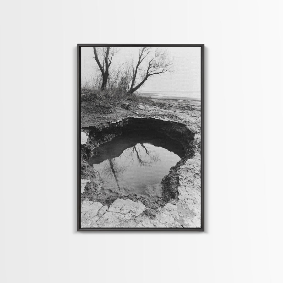 Reflected Trees Pool, Black White Nature, Moody Autumn Wall Art, Rustic Minimalist Style, Framed Canvas Print, Entryway Home Decor