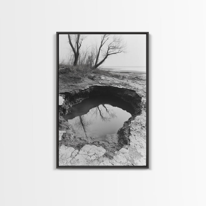 Reflected Trees Pool, Black White Nature, Moody Autumn Wall Art, Rustic Minimalist Style, Framed Canvas Print, Entryway Home Decor