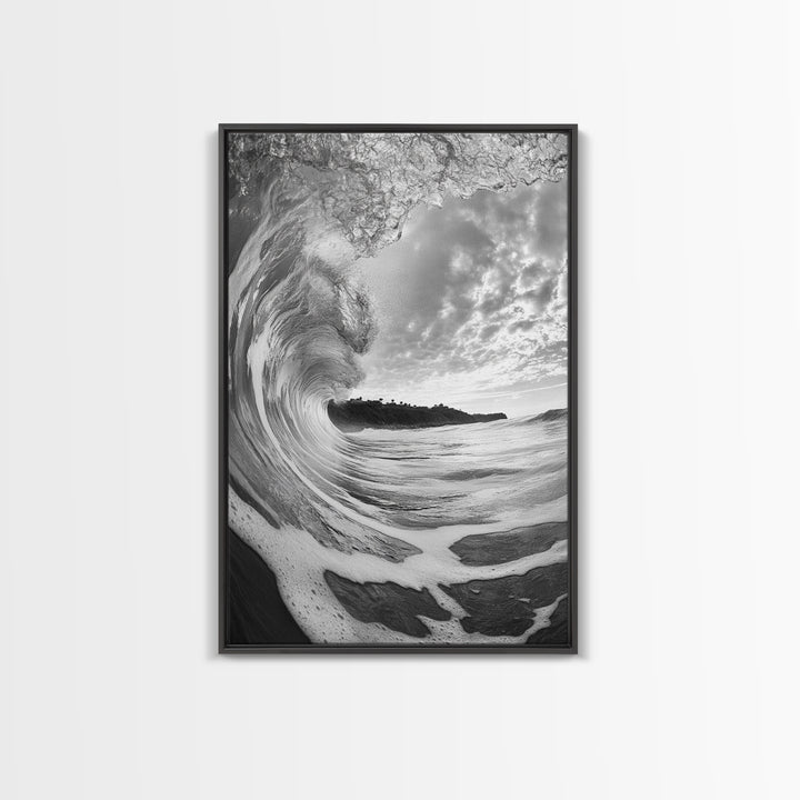 Ocean Wave Tunnel, Surfer's Eye View, Coastal Landscape, Bathroom Wall Art, Adventure Vibes, Framed Canvas Print, Black White Photography