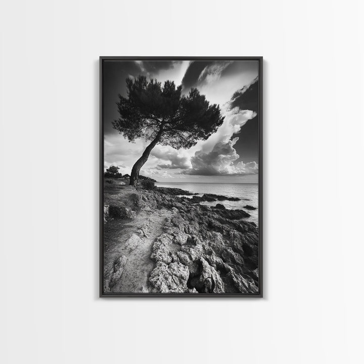 Wind Bent Tree, Coastal Cliff, Solitary Beauty, Canvas Print, Nature Photography Wall Art, Minimalist Earthy Decor, Moody Landscape