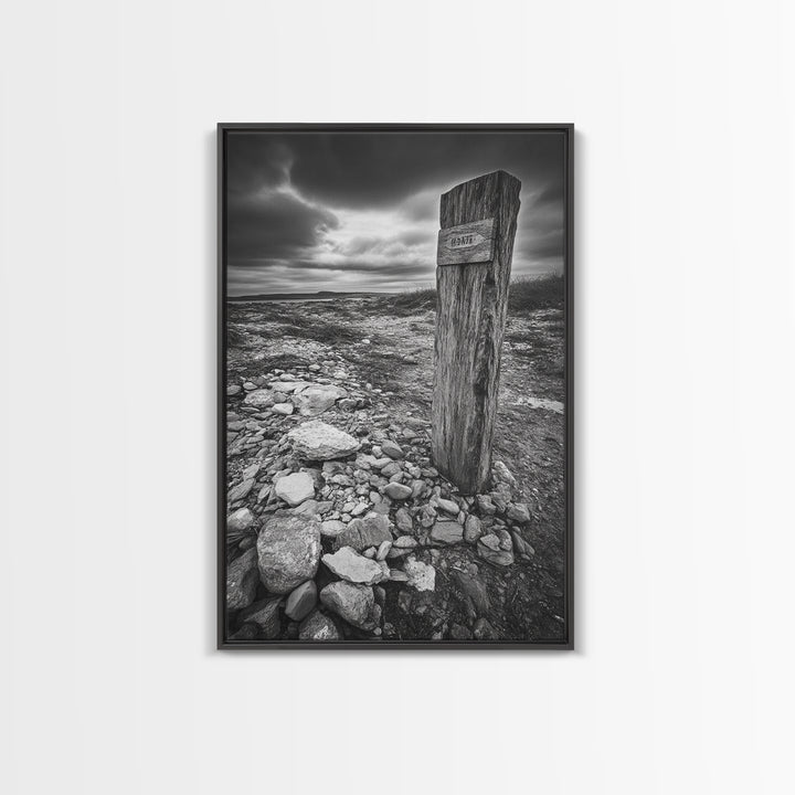 Weathered Exit, Symbolic Marker, Coastal Path, Canvas Print, Rustic Wall Art, Moody Landscape Decor, Entryway Statement Piece