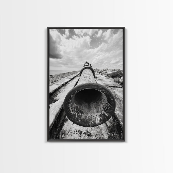 Abandoned Pipe, Coastal Decay, Industrial Remains, Framed Canvas Print, Urban Exploration Art, Gritty Minimalist Decor