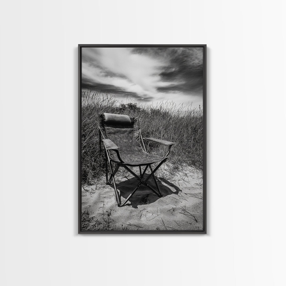 Deserted beach chair, quiet coast vibes, windswept scene, peaceful solitude, Canvas Print, hallway decor, rustic retreat outdoor artwork
