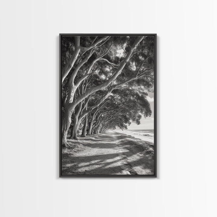 Coastal Tree Path, Nature Shadows, Ocean Breeze, Autumn Light, Framed Canvas Print, Living Room Wall Art, Moody Landscape Photography