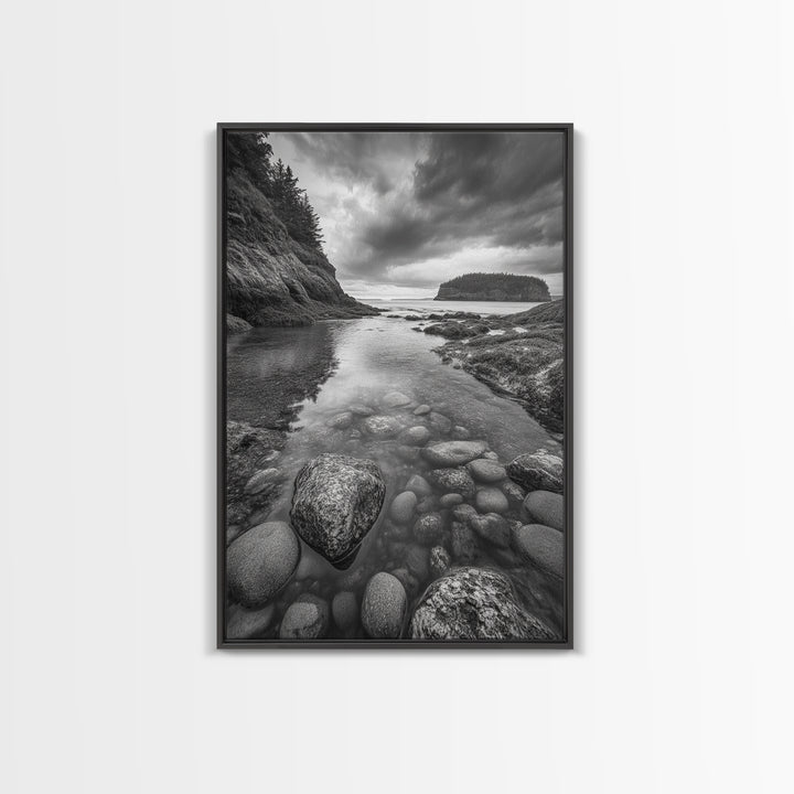 Rocky Shoreline Calm, Pebble Tidepool, Ocean Cliffs, Nature Escape, Canvas Print, Bathroom Wall Art, Black and White Coastal Art