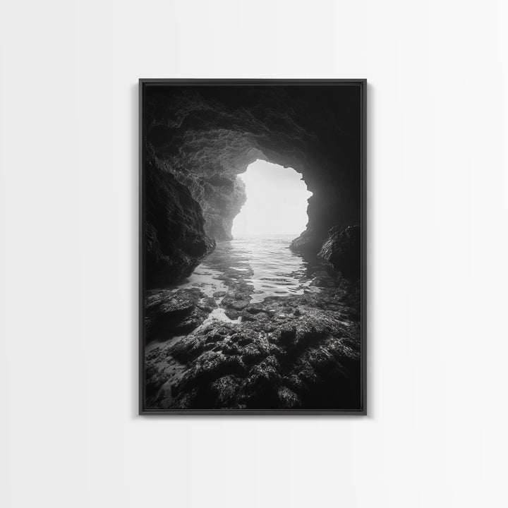 Sea Cave Entrance, Ocean Grotto, Light Escape, Rocky Tide, Canvas Print, Bathroom Wall Art, Black and White Seascape Photo