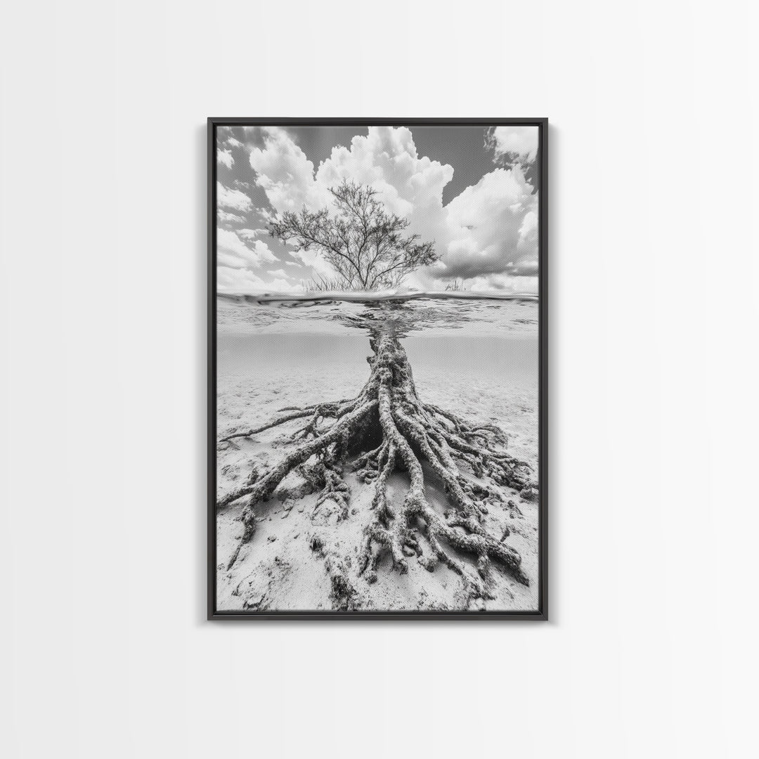Half Underwater Tree, Split View Nature, Aquatic Roots, Stormy Skies, Framed Canvas Print, Coastal Wall Art, Unique Nature Photography