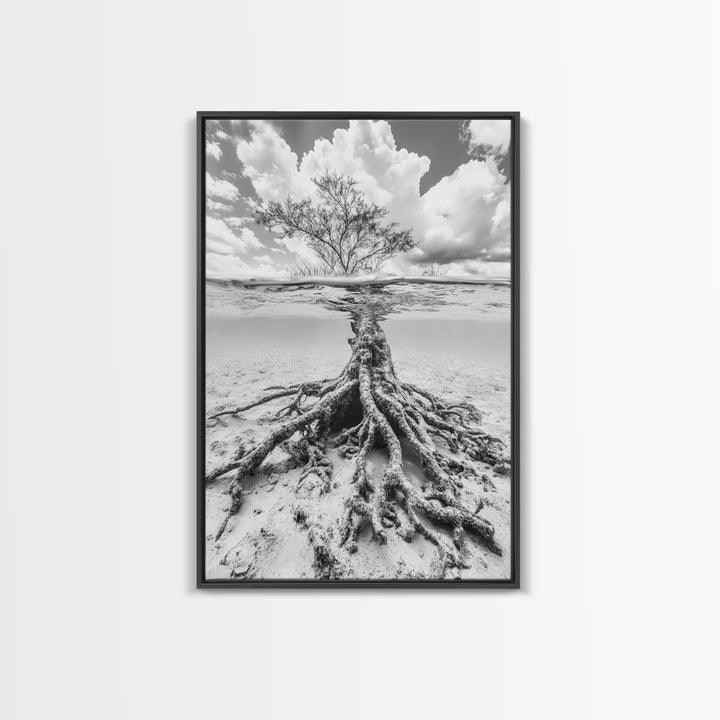Half Underwater Tree, Split View Nature, Aquatic Roots, Stormy Skies, Framed Canvas Print, Coastal Wall Art, Unique Nature Photography