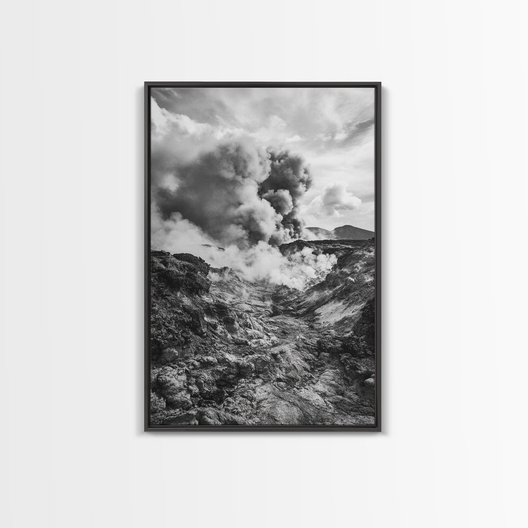Volcanic Eruption Smoke, Lava Rocks, Earth Energy, Fiery Terrain, Framed Canvas Print, Office Wall Art, Dramatic Nature Landscape