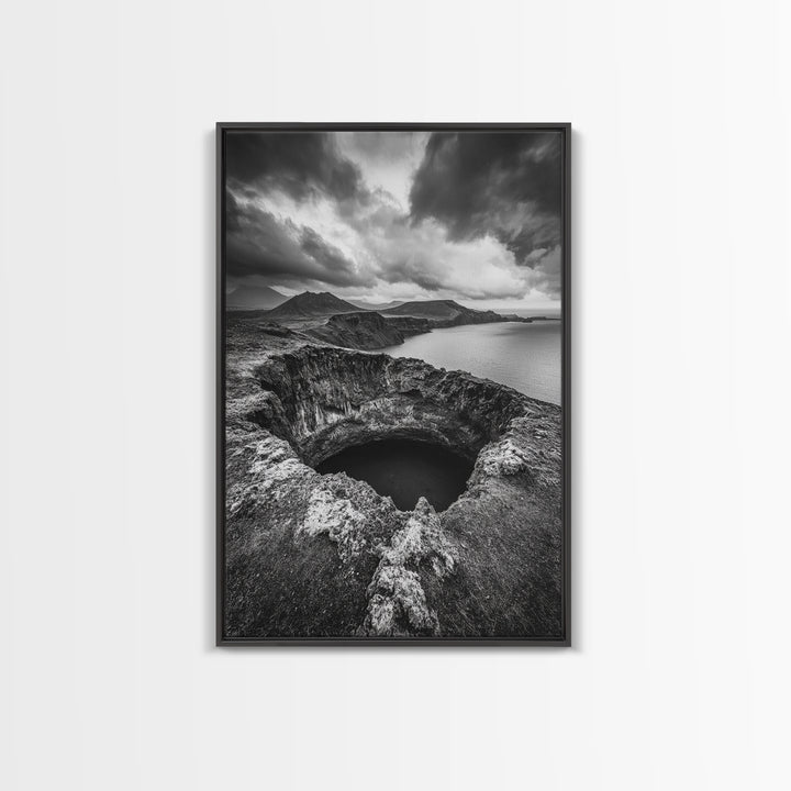 Crater Overlook Coast, Stormy Sky Mountains, Ocean Cliffs, Rugged Wilderness, Canvas Print, Den Wall Art, Moody Black and White Art