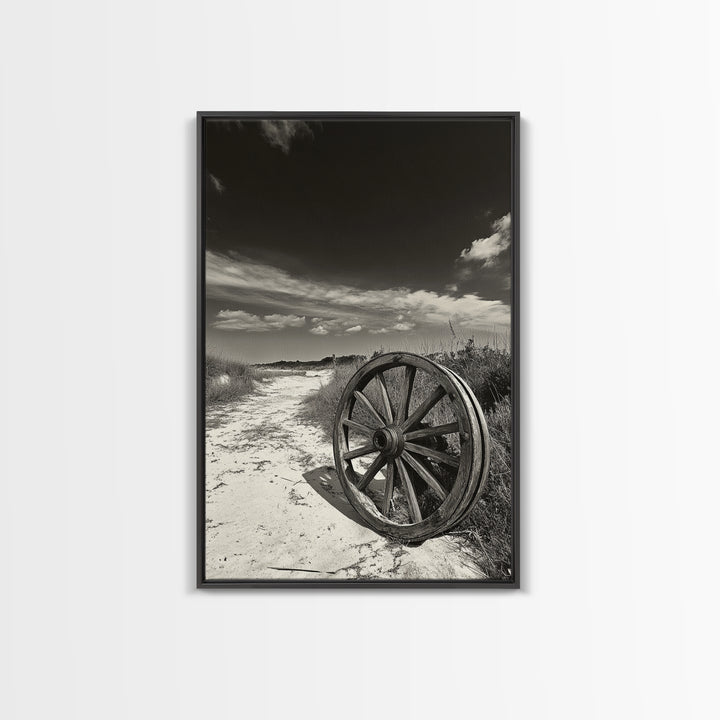 Desert Path, Wagon Wheel, Western Minimalism, Canvas Print, Boho Wall Decor, Neutral Tones, Entryway Art, Rustic Country Style