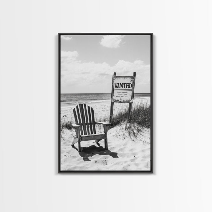 Wanted Poster, Beach Chair, Western Humor, Framed Canvas Print, Man Cave Decor, Coastal Country Style, Black and White Photography