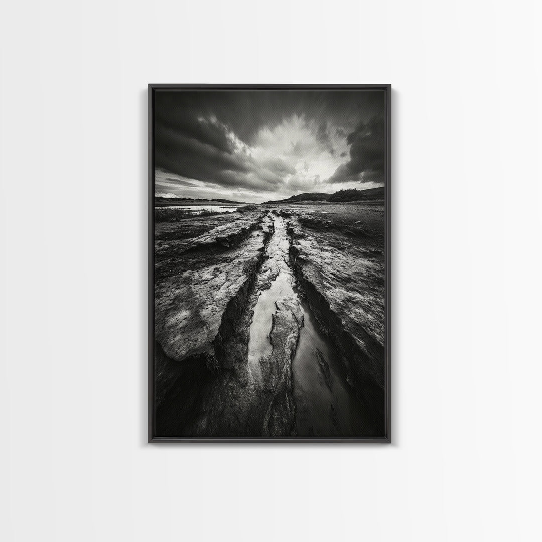 Muddy Terrain, Dramatic Sky, Natural Earth Art, Framed Canvas Print, Fall Decor, Landscape Photography, Moody Living Room Art