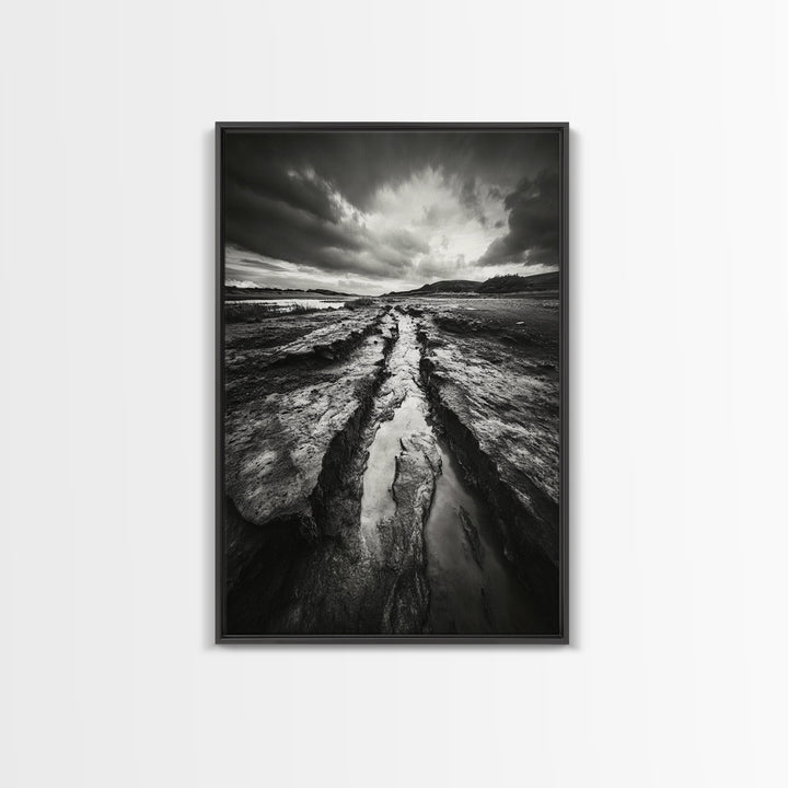 Muddy Terrain, Dramatic Sky, Natural Earth Art, Framed Canvas Print, Fall Decor, Landscape Photography, Moody Living Room Art