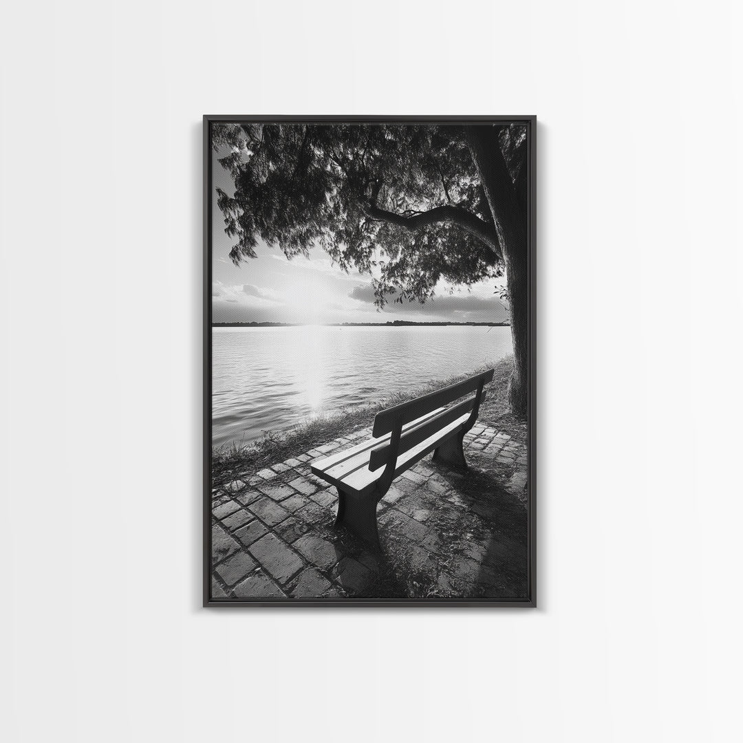 Peaceful Lake Bench, Tranquil Sunrise, Tree Shade View, Nature Serenity, Framed Canvas Print, Minimalist Art, Bedroom Wall Decor