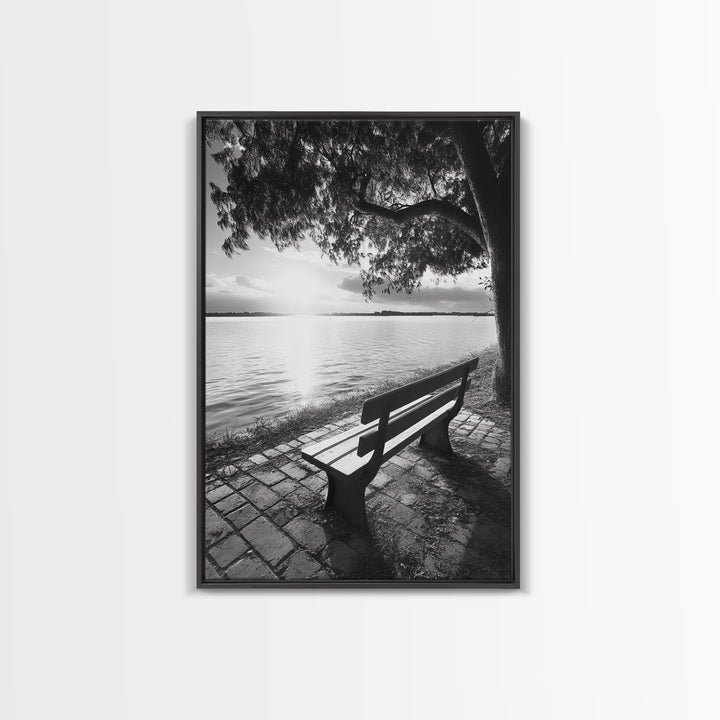 Peaceful Lake Bench, Tranquil Sunrise, Tree Shade View, Nature Serenity, Framed Canvas Print, Minimalist Art, Bedroom Wall Decor