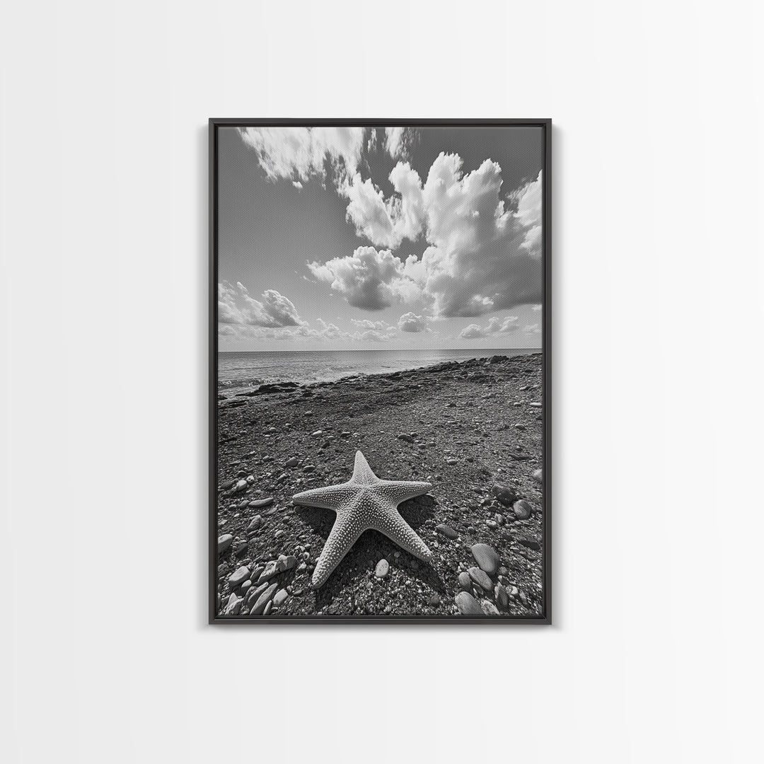 Starfish on Shore, Rocky Beach Scene, Cloudy Sky Horizon, Ocean Calm, Framed Canvas Print, Coastal Art, Bathroom Wall Decor