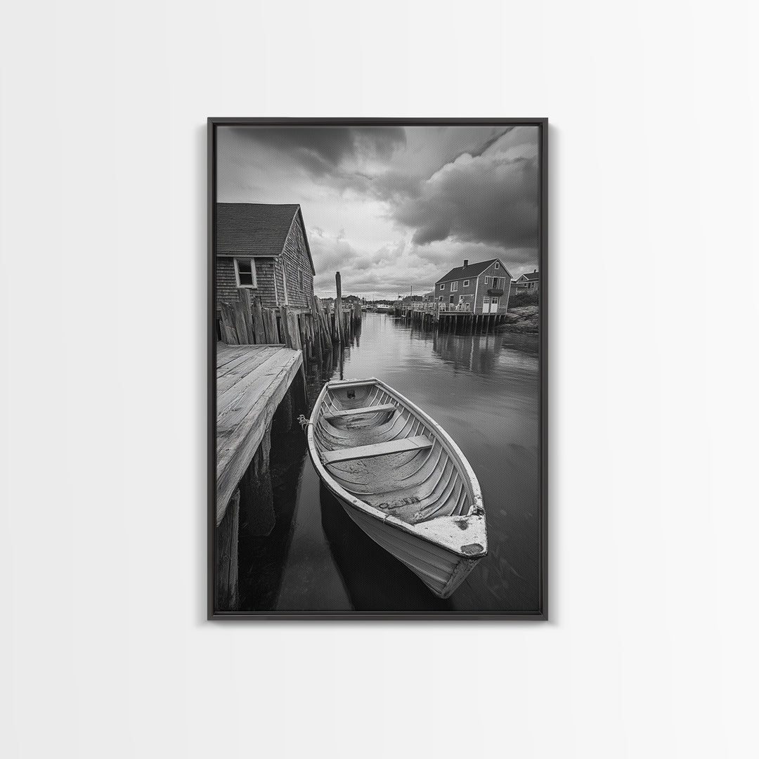 Docked Rowboat Scene, Calm Harbor, Coastal Village, Still Waters, Framed Canvas Print, Seaside Art, Beach House Wall Decor