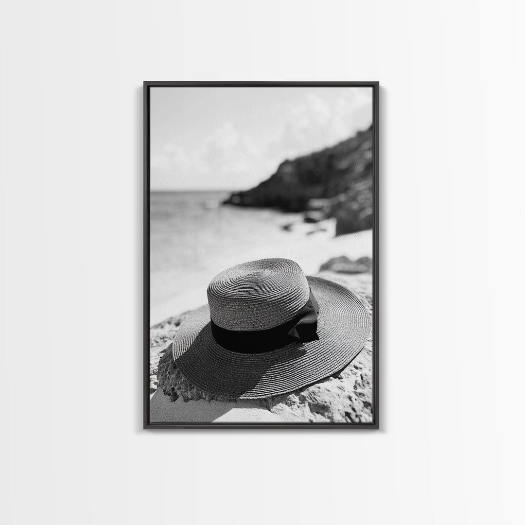 Beach Hat Closeup, Seaside Fashion, Coastal Breeze, Relaxed Mood, Framed Canvas Print, Minimalist Beach Art, Summer Home Decor