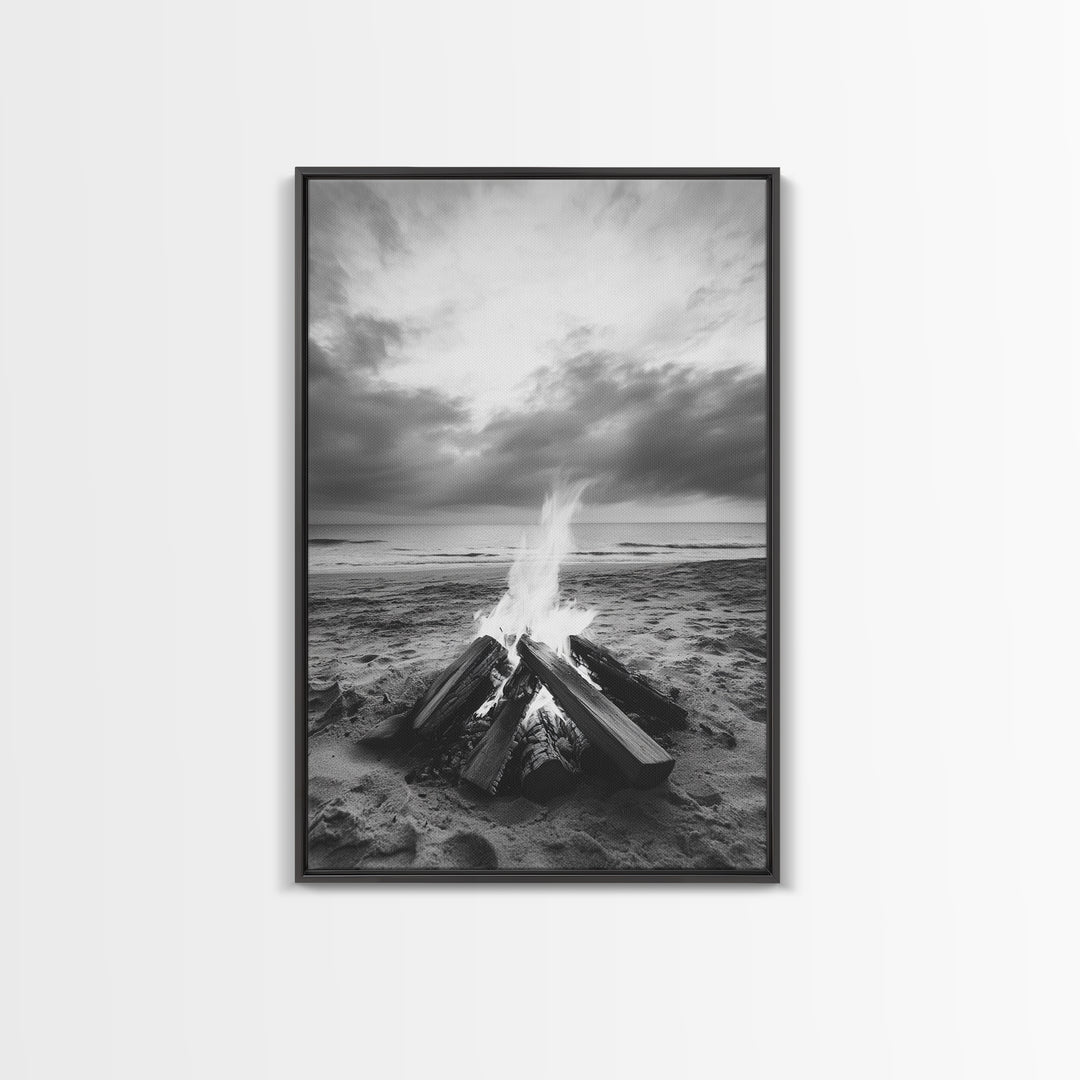 Beach bonfire moment, soft flame serenity, ocean dusk, coastal camp vibes, Framed Canvas Print, Fall decor, hygge inspired wall decor