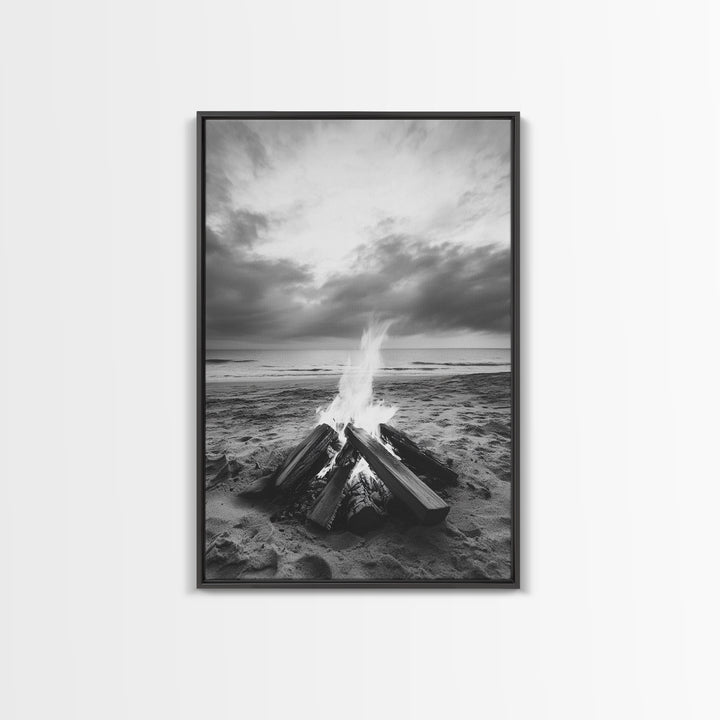 Beach bonfire moment, soft flame serenity, ocean dusk, coastal camp vibes, Framed Canvas Print, Fall decor, hygge inspired wall decor