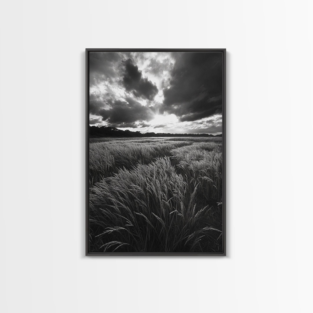 Golden Grass Field, Dramatic Sunset, Autumn Skies, Nature Movement, Framed Canvas Print, Fall Landscape Art, Living Room Decor