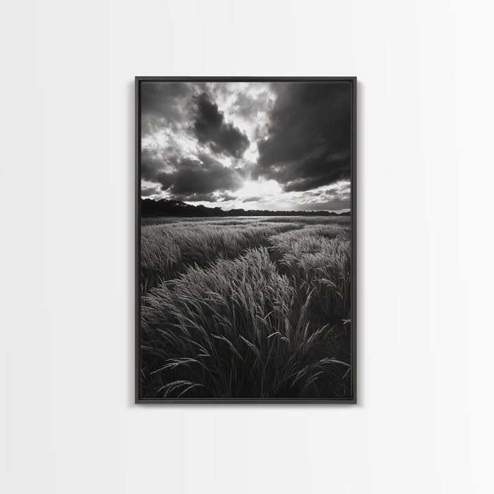 Golden Grass Field, Dramatic Sunset, Autumn Skies, Nature Movement, Framed Canvas Print, Fall Landscape Art, Living Room Decor