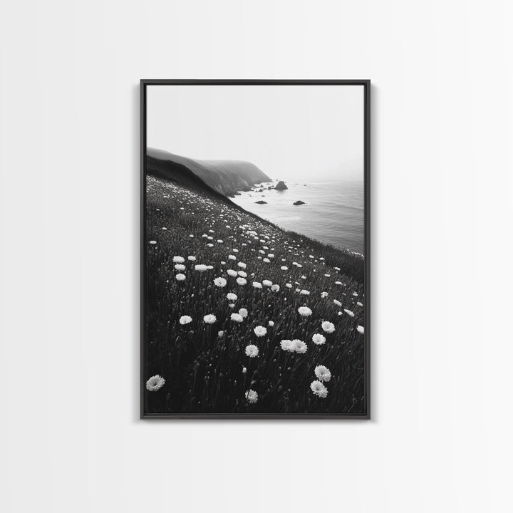 Daisy Cliffside Bloom, Coastal Flowers, Peaceful Nature Scene, Framed Canvas Print, Bedroom Wall Art, Botanical Decor, Minimalist Style
