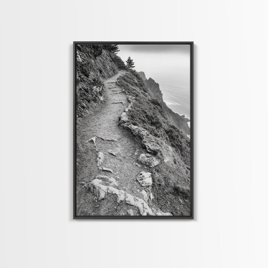 Rocky Cliff Trail, Coastal Hiking, Rugged Landscape, Nature Adventure Art, Framed Canvas Print, Cabin Wall Decor, Black and White Aesthetic