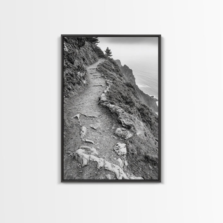 Rocky Cliff Trail, Coastal Hiking, Rugged Landscape, Nature Adventure Art, Framed Canvas Print, Cabin Wall Decor, Black and White Aesthetic
