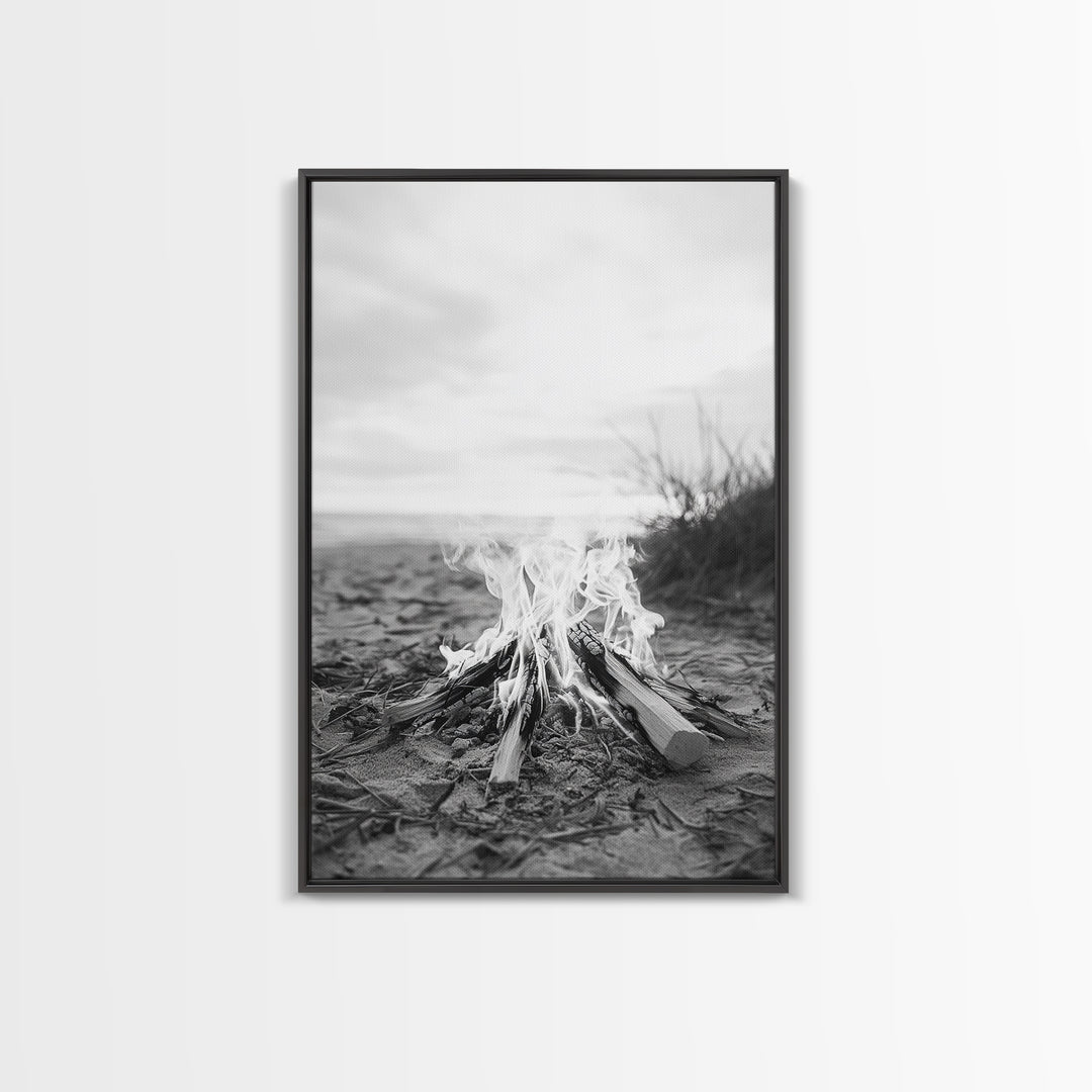 Campfire, Beach, Smoke, Glow - Cozy outdoor scene with flickering flame, Canvas Print, perfect rustic cabin or camping decor, Autumn Wall Art
