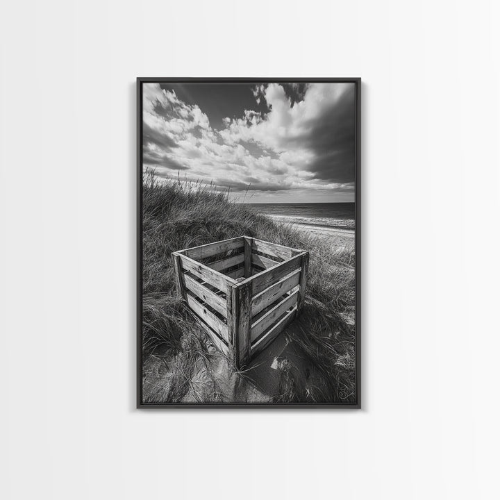 Weathered Crate, Ocean Dunes, Coastal Photography, Canvas Print, Beach House Wall Art, Minimalist Rustic Decor, Bathroom Wall Art