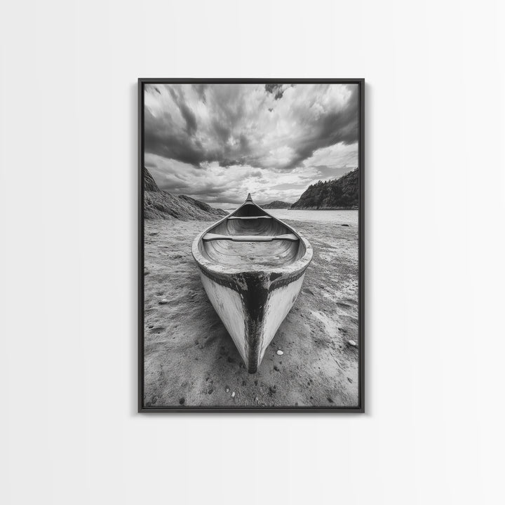 Canoe, Shoreline, Dramatic, Sky - canoe landscape Canvas Print, rustic wall art, entryway decor, nature photography, monochrome mountain