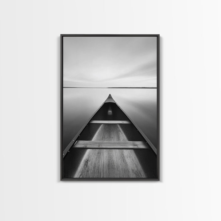 Canoe, Lake, Calm, Horizon - Minimalist lake paddle scene, Framed Canvas Print, peaceful home office art, Scandinavian decor, wilderness print
