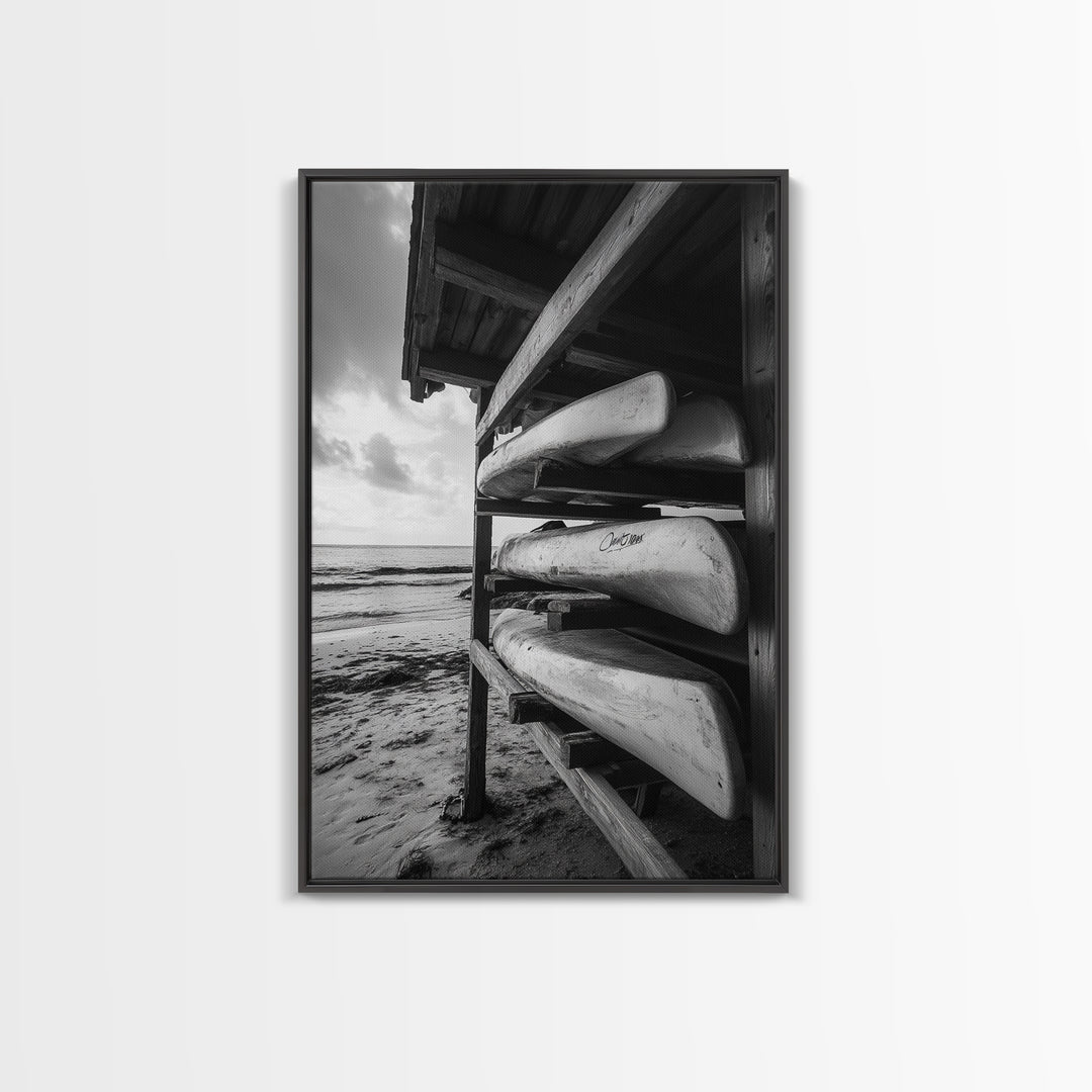 Canoes, Rack, Ocean, Shelter - Surf shack vibes with coastal canoe stack, Framed Canvas Print, great beach house or boho hallway art, grayscale
